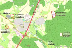 Vier von fünf Bereichen der Nike-Feuerstellung Albach in den Gemein­den Fernwald und Lich bei Gießen