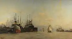 Hobbe Smith (1900): Gezicht op het IJ naar het oosten, met de dokken van de Amsterdamsche Droogdok Maatschappij en de kop van het IJ-eiland-Havengezicht van Amsterdam, Amsterdam Museum.