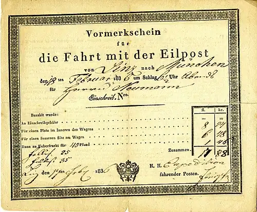 Bevorzugte Eilpost-Bestellung der Fahrkarte nach Amerika für den Hl. Johann Neumann am 18. Februar 1836