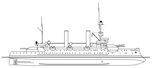 Vergleich des Aussehens vor und nach dem Umbau anhand nicht maßstäblicher Seitenrisse von Siegfried 1890 vor dem Umbau (oben) und Hagen nach dem Umbau 1910 (unten)