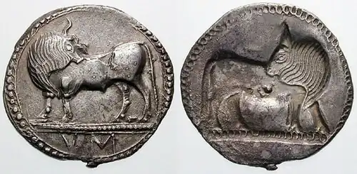 Antike Münze aus Sybaris mit einem Stierbild (vor 510 v. Chr.)