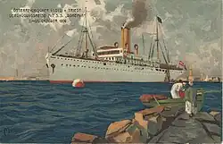 Postkarten zu Vergnügungsfahrten der Bohemia im April und Oktober 1906 jeweils mit einer Abbildung der Koerber mit weißem Tropenanstrich[8]