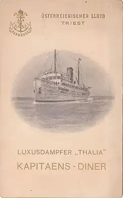 Musikprogramm und Speisefolge eines Kapitänsdinners vom 15. April 1909 an Bord der SS Thalia des Österreichischen Lloyd