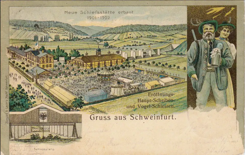 Tal des Marienbachs an heutiger Schillerschule mit Schützenfest um 1902. Hinten Tal des Zellergrundbachs