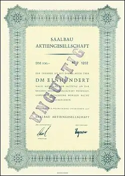 Aktie der Saalbau AG von 1958