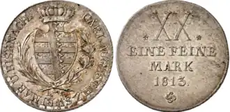Carl August, Gulden von 1813 nach dem Konventionsmünzfuß (XX / EINE FEINE / MARK), Mmz. L. S.