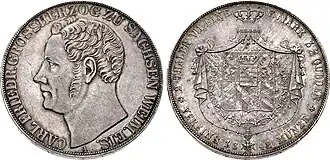 Carl Friedrich, Doppeltaler von 1842, Mzz. A, nach dem 14-Taler-Fuß (2 THALER VII EINE F: MARK 3½ GULDEN VEREINSMÜNZE)