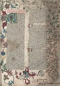 Eggestein-Bibel, Blatt 1a mit dem Sachsenheimer Wappen.