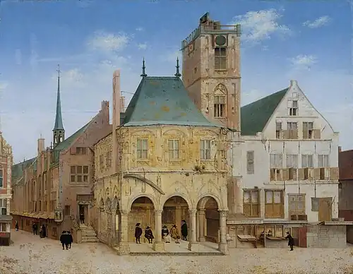 Das alte gotische Rathaus, abgebrannt 1652, Gemälde von Pieter Jansz. Saenredam (1597–1665)