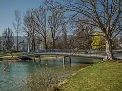 Fussgängerbrücke und Landiwiese im Hintergrund