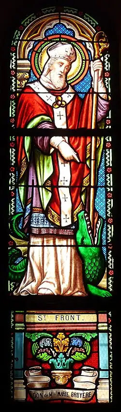Der hl. Fronto von Périgueux als Drachentöter (Glasfenster in der Kirche von Saint-Germain-de-Belvès, Périgord)
