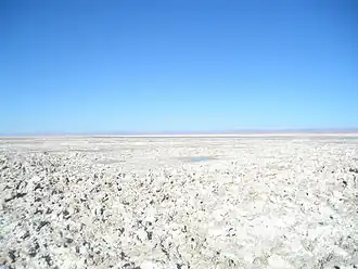 Ein auffälliges Land­schafts­element in der Atacama sind die zahl­reichen Salzwüsten, wie der Salar de Atacama.