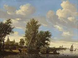 Salomon van Ruysdael: Flusslandschaft mit Fähre (1649). 1930 von Goudstikker bei Christie’s erworben (rechts: Registerblatt Goudstikkers, 1936),[8] 2007 von den Erben der National Gallery of Art, Washington, geschenkt.[9]
