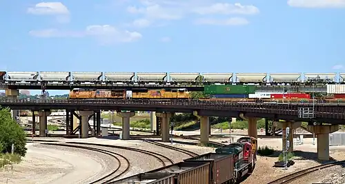 Gleisverlauf des Eisenbahnknotens in drei Ebenen, oben die Argentine Connection Bridge