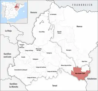 Die Lage der Comarca Bajo Aragón-Caspe in der Provinz Saragossa