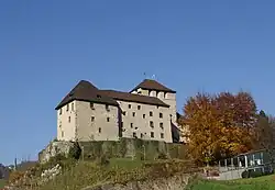 Rückseite der Schattenburg mit Weinberg