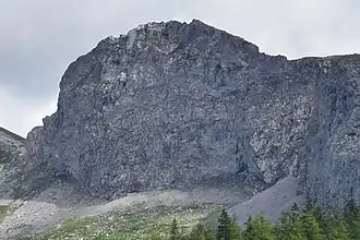 Ostteil der Schaufelwand. Die poliert erscheinenden Flächen im rechten Drittel sowie li. o. sind Harnische. Die Höhe der Wand beträgt mehr als 200&nbsp;m.
