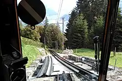 Schiebebühne der Pilatusbahn in der Kreuzungsstation Ämsigen; das System Locher ermöglicht keine Weichen.
