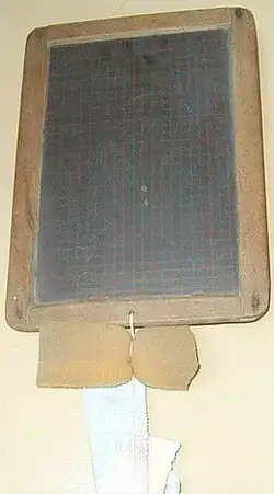 Schiefertafel mit Schwamm und Putzlappen