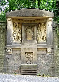 Schiller-Körner-Brunnen gegenüber dem Schillerhäuschen in Dresden-Loschwitz (1912)[82].