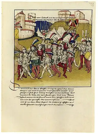 Belagerung der Burgen Laubegg und Mannenberg durch die Berner 1349, Darstellung in der Spiezer Chronik von Diebold Schilling