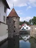 Palas mit Verliesturm, hinten die Schlossmühle