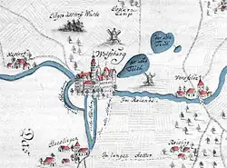 Karte vom Umland von Schloss Wolfsburg etwa 16. Jahrhundert (farblich nachkoloriert)