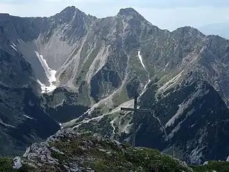 Links das Feldernkreuz, rechts die Schöttelkarspitze (Blick von der Gumpenkarspitze)