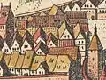 Schwäbisch Hall, Gelbinger Gasse, Ausschnitt aus der Stadtansicht von Matthäus Merian nach Vorlage von Leonhard Kern, 1643, mit der Vorgängerbebauung des Bereichs vor dem Brand der Gelbinger Gasse von 1680 (StadtA SHA S10-506)
