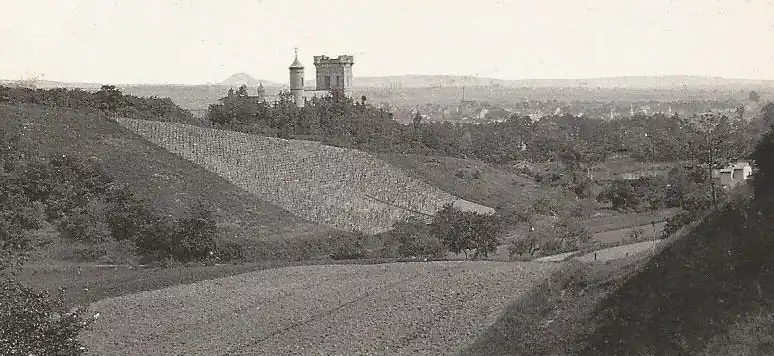 Sattlerschen Bauten über dem Höllental mit Weinbergen 1905