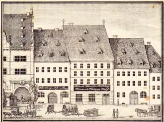 Südseite. Bürgerhäuser und Altes Rathaus (links). Um 1850