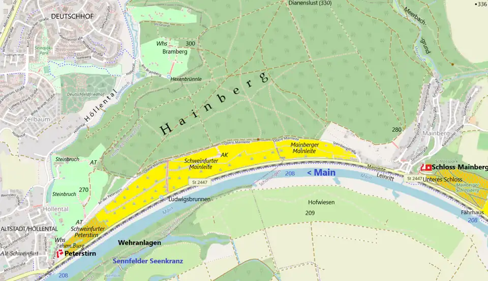 Höllental, Hainberg und Mainleite; hellgrün: Weinberge in historischer Zeit (am Osthang des Höllentals); gelb: Weinberge bis Mitte des 20. Jh.; ocker: heutige Weinberge. AT=Aussichtsturm, AK=Aussichtskanzel, Whs=Ausflugslokal (Wirtshaus)