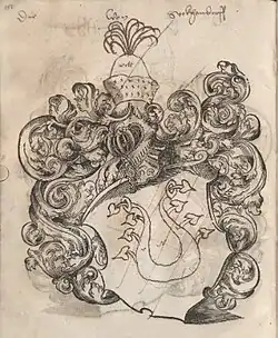 Variante des Wappens der „von Seckendorff“ aus der 2. Hälfte des 16. Jh. – hier ohne die sonst übliche Verschlingung des Lindenzweiges – BSB Cod.icon. 311 b, Tafel 151