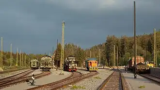 Die Gleisanlagen des Güterbahnhofs. Die Gleisnummern sind von links nach rechts 1–5 und 7–8