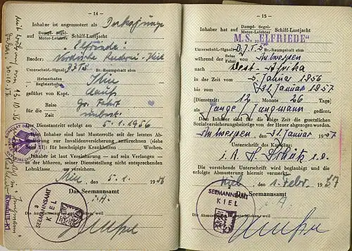 Eintragungen in einem Seefahrtbuch, Mitte der 1950er Jahre