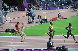 Erstes Halbfinale: Christine&nbsp;Ohuruogu vor Rosemarie&nbsp;Whyte, die gedopte Julija&nbsp;Guschtschina und Sanya Richards-Ross