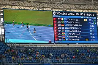 Ergebnistafel / Läuferinnen auf der Zielgeraden (v.&nbsp;l.&nbsp;n.&nbsp;r.): Maria&nbsp;Belimbasaki, Gina&nbsp;Lückenkemper, Elaine&nbsp;Thompson, Marie&nbsp;Josée&nbsp;Ta&nbsp;Lou