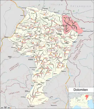 Dolomitenkarte mit Rot eingezeichneten Sextner Dolomiten