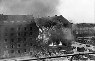 Das Shellhus, das der Gestapo als Hauptquartier diente, nach dem Bombenangriff.