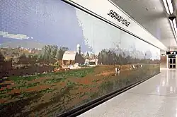 Sheppard-Yonge, Toronto: Stacey Spiegel: „Immersion Land“ (Ausschnitt, 2002) Wandmosaik aus 1,5&nbsp;Millionen keramischen Bildpunkten mit Landschaften des südlichen Ontario[206]