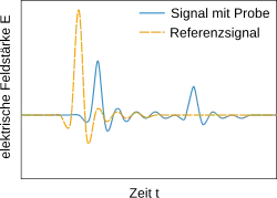 Das Signal ist im Vergleich zum Referenzpuls in der Amplitude verringert und zeitlich nach hinten verschoben, außerdem existiert eine periodische Kopie des Signals kurze Zeit später