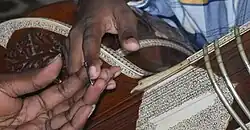 Das „Mirzab“ am Ringfinger eines Sitarspielers, manchmal wird ein zweites Plektrum am Mittelfinger aufgesteckt