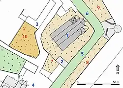 Situationsplan: 1. Theodorskirche 2. Allerheiligenkapelle 3. Pfarrhof 4. Kartausgasse 5. Theodorsgraben 6. Claragraben 7. Sonderfriedhof 8. Friedhof «Kleeacker» 9. Friedhof «Mättelein» 10. «Merianscher Totenacker» mit dem Grab von Theo