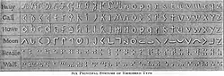 Auf einer dunkelgrauen Metalltafel sind in 6 Zeilen jeweils die 26 Buchstaben des Alphabets als erhabene (tastbare) Zeichen aufgebracht. Zu sehen sind die Schriften von Haüy, Gall und Howe, sowie das Moonalphabet und die Punktschriften von Braille und Wait.