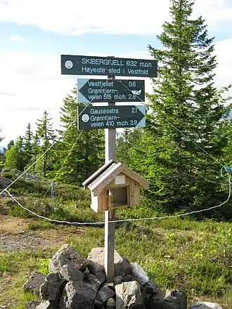 Schild auf dem Gipfel des Skibergfjellet (Juni 2010)