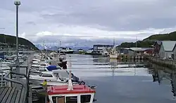 Foto mehrerer kleinerer Boote in einem Hafen, teils umgeben von Häusern. In etwas Entfernung verschneite Berge.