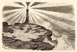 schwarz-weiße Zeichnung eines Leuchtturms