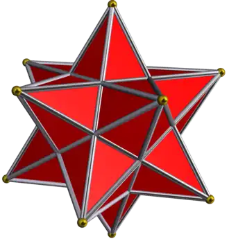 N … weist der auf den ersten Blick gleich aussehende Dodeka­eder­stern als Kepler-Poinsot-Körper nur 12 Ecken (golden markiert, die anderen 20 sind nur Schnitt­punkte der Kanten), 30 Kanten (die durch die 20 Schnitt­punkte jeweils drei­geteilt werden) und 12 Flächen (Penta­gramme, die in jeweils 5 Drei­ecke zerfallen) auf und verletzt mit '"`UNIQ--postMath-0000002F-QINU`"' den Eulerschen Polyedersatz.