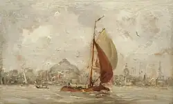 Hobbe Smith (1900): Ausfahrende Tjalk im Amsterdamer Hafen, Privatbesitz.
