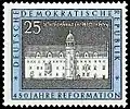 Sondermarke der Deutschen Post der DDR 1967 zum 450-jährigen Jubiläum des Thesenanschlags mit Luther-Haus in Wittenberg